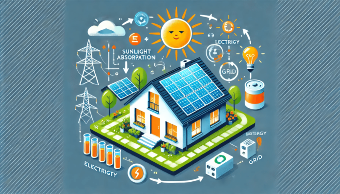 Illustration of a modern residential home with solar panels on the roof, highlighting symbols for cost savings, environmental protection, and energy independence in a green landscape.