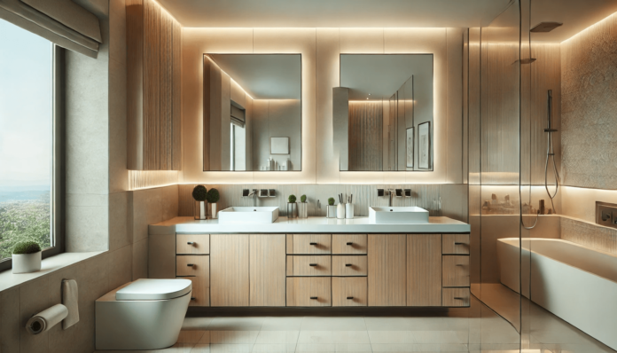 Modern bathroom featuring a double-sink vanity with sleek white countertops, natural wood cabinetry, backlit mirrors, and ample storage for a stylish design.