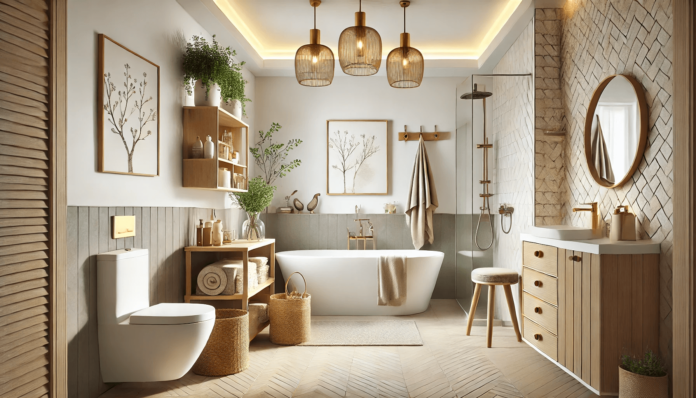 A modern budget-friendly bathroom remodel featuring a refinished bathtub, light-colored walls, budget-friendly light fixtures, DIY wooden shelves, and peel-and-stick flooring.