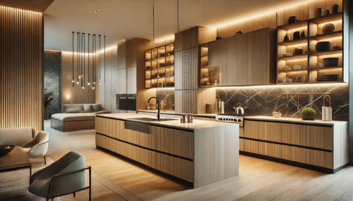 Modern kitchen and bathroom featuring 2025 cabinetry trends with handleless wood cabinets, soft-close drawers, built-in storage, and elegant floating bathroom cabinetry