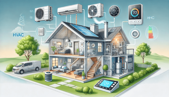 Illustration of a modern residential home with HVAC systems, including split air conditioning units, central air systems, furnaces, and smart thermostat controls.