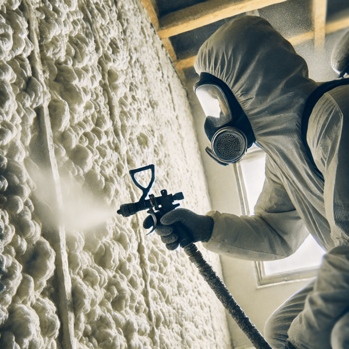 A close-up view of spray foam insulation being applied to a wall, expanding to seal gaps for better energy efficiency. A worker in protective gear ensures proper coverage.