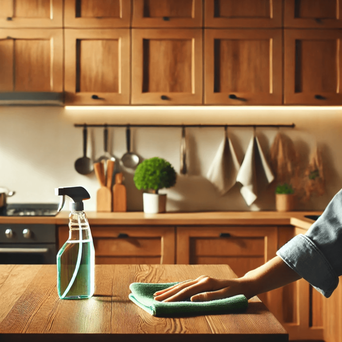 A modern kitchen with someone cleaning wooden cabinets using a microfiber cloth and eco-friendly cleaning spray