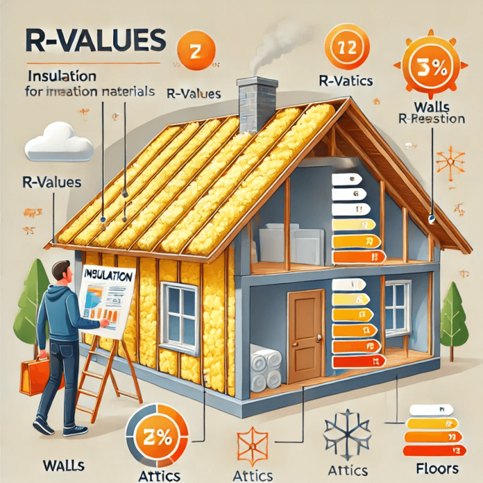 A homeowner comparing insulation materials like fiberglass, spray foam, and rigid foam, with heat retention indicators and an R-value chart for different climate zones.