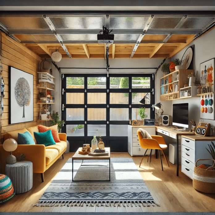 Beautifully transformed DIY garage conversion featuring a cozy living area, home office, and vibrant decor with natural light