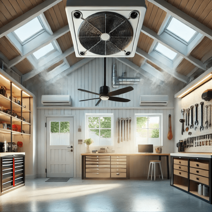 Modern and well-ventilated garage with effective ventilation systems and exhaust fans for improved airflow and comfort.