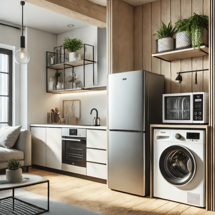 A modern, compact apartment featuring energy-efficient appliances, including a mini ENERGY STAR-certified refrigerator, slim dishwasher, eco-friendly space.