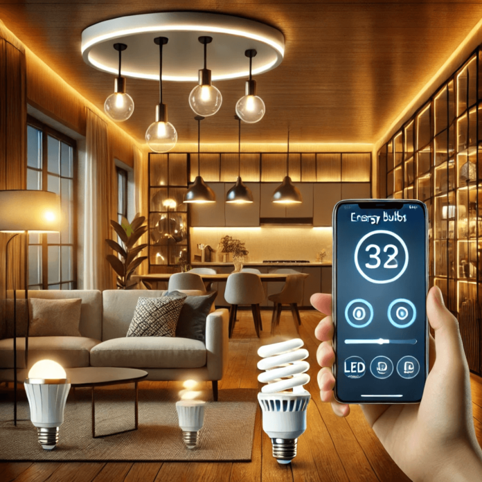 A modern home interior featuring energy-efficient lighting with LED energy-saving bulbs and smart bulbs, controlled via a smartphone for customizable brightness and automation.