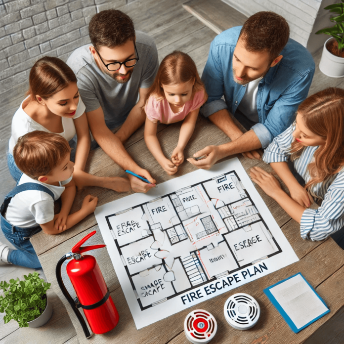 A family practicing a fire escape plan at home. Parents guide children towards a designated exit, with a fire escape ladder by a window and a smoke alarm on the ceiling.