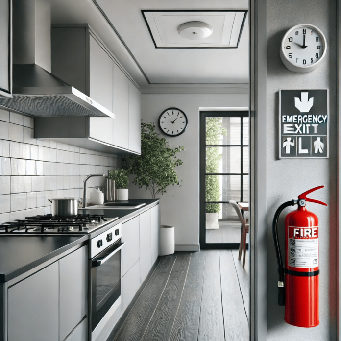 A modern kitchen with a fire extinguisher placed in an easily accessible location, featuring a smoke alarm on the ceiling and an emergency exit plan on the wall.