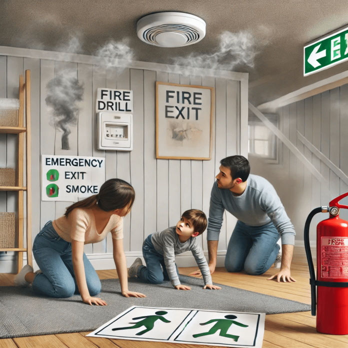 A family practicing a fire drill at home, crawling low under imaginary smoke.