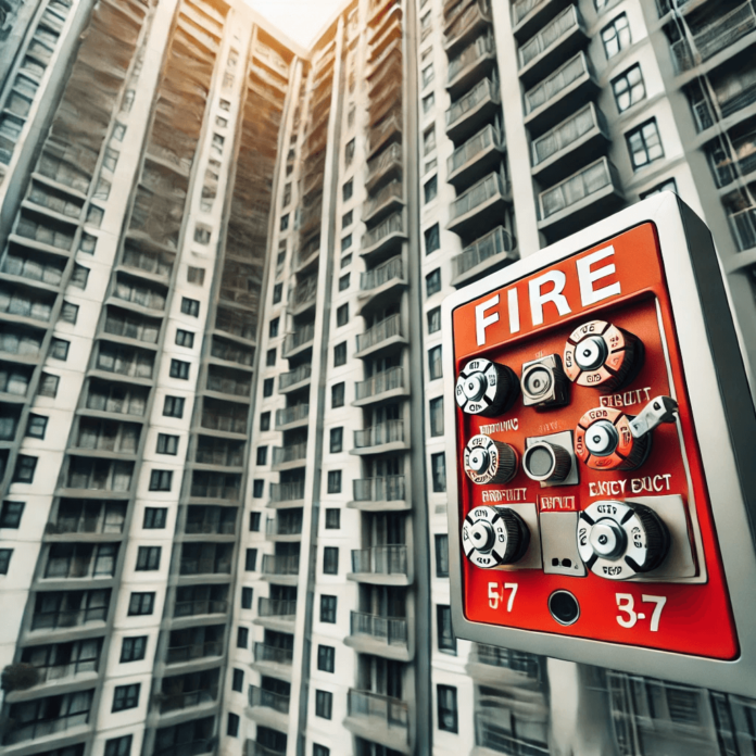 A high-rise apartment complex featuring fire safety measures, including sprinkler systems, emergency exit signs, and fire escape ladders, ensuring multi-unit fire safety.