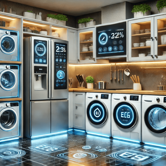 A modern smart home featuring energy-efficient appliances, including a smart refrigerator, induction cooktop, energy-saving oven, and high-efficiency washer and dryer.