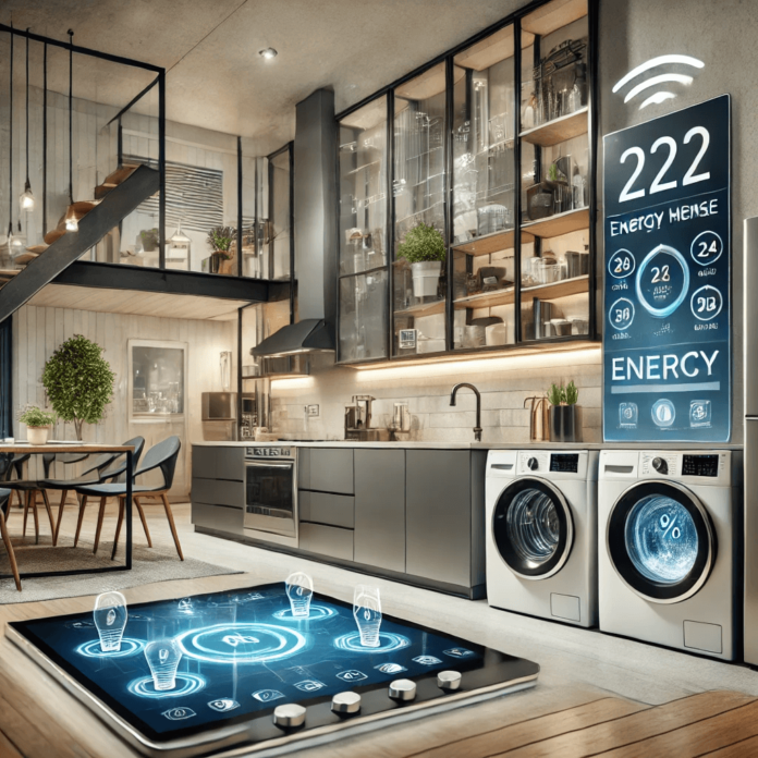 A futuristic smart home featuring energy-efficient smart appliances, including a smart refrigerator, all connected to a home automation system displaying energy usage and cost savings.