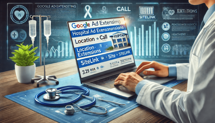 Healthcare digital marketing scene showcasing Google Ad extensions for hospitals, with location, call, and sitelink options displayed on a laptop screen.