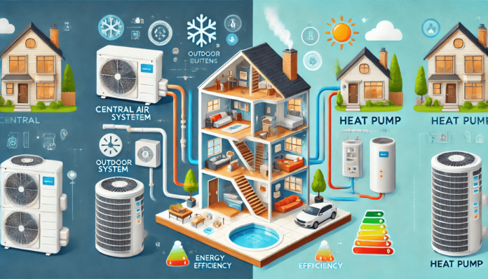 Illustration of a homeowner reviewing HVAC financing documents with a new energy-efficient system installation and symbols representing tax credits and energy savings.