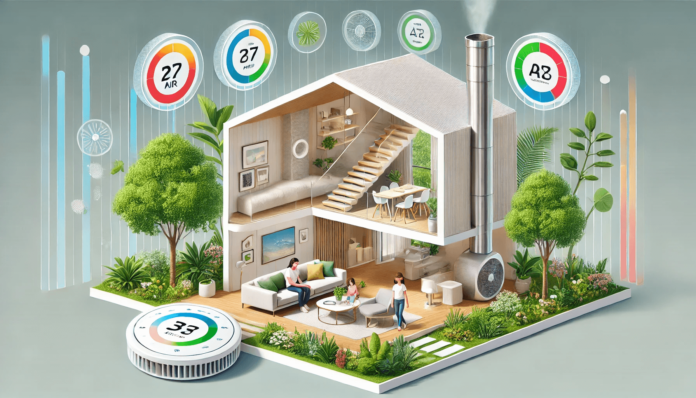 Illustration of a technician performing HVAC maintenance, including cleaning air vents, checking the outdoor unit, and replacing air filters in a residential system.