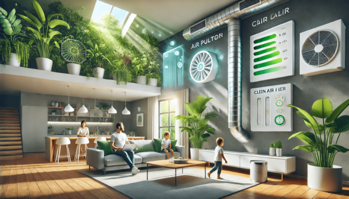 Illustration of a modern residential interior featuring HVAC air quality upgrades, an advanced air purification system, a smart air filter display, and green indoor plants.