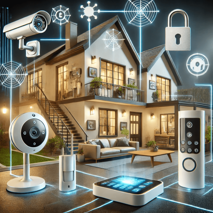 A modern smart home featuring advanced security systems, including surveillance cameras, smart locks, alarm sensors, and motion-detecting lights, ensuring safety and protection.