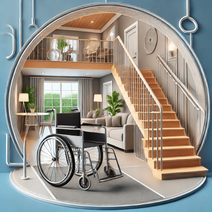 An accessible home featuring a wheelchair-friendly entrance, wide hallways, and handrails along staircases, showcasing inclusive home design and accessibility upgrades.