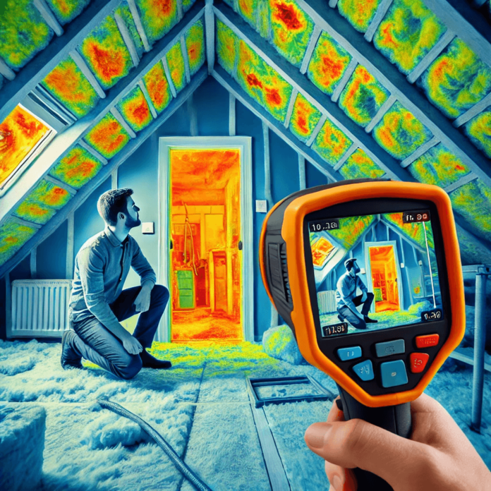 A home energy auditor using a thermal imaging camera to inspect insulation, identifying heat loss around doors, windows, and attic spaces for improved energy efficiency.