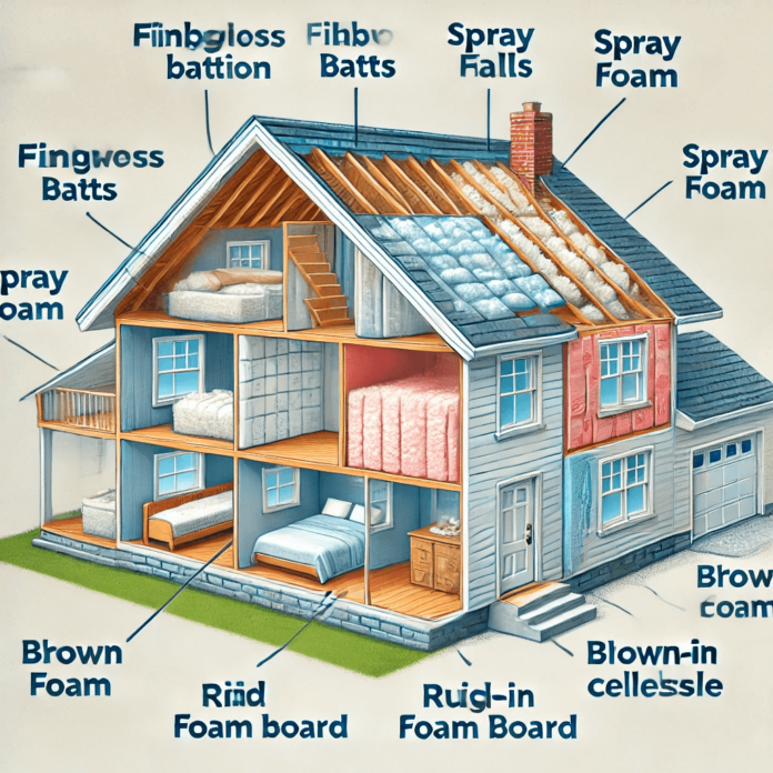 Illustration of a house with labeled insulation types, including fiberglass batts, spray foam, rigid foam board, and blown-in cellulose, highlighting energy efficiency and comfort benefits.