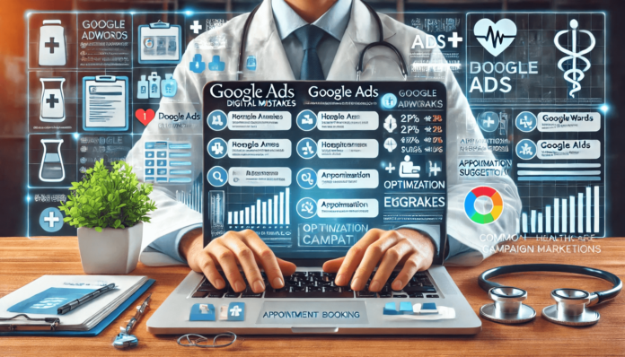 Healthcare digital marketing setup showcasing common AdWords mistakes for hospitals, with performance metrics, campaign analysis, and medical-themed elements.