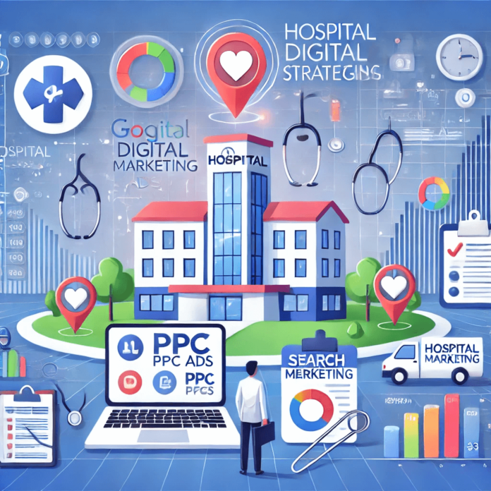 Illustration of hospital digital marketing strategies featuring Google Ads, PPC metrics, and healthcare icons for patient engagement