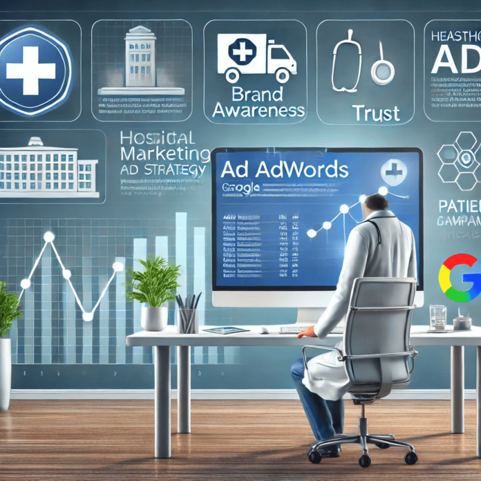 Illustration of hospital digital marketing using Google AdWords, showcasing a healthcare professional reviewing analytics on a computer screen