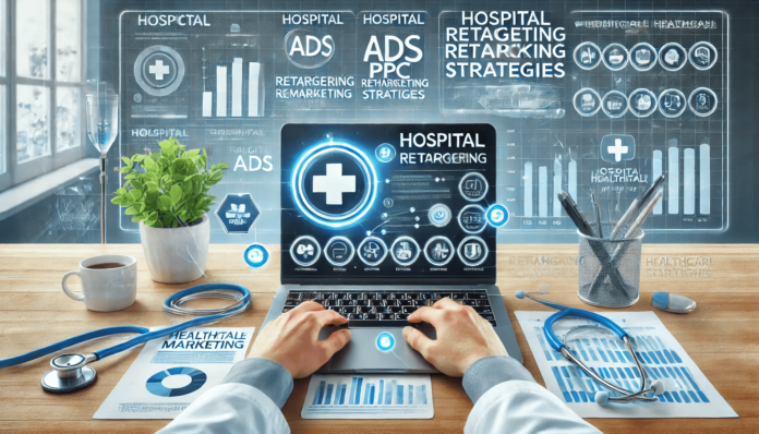 Healthcare digital marketing setup showcasing hospital retargeting ads with personalized healthcare campaigns, performance analytics, and medical elements.