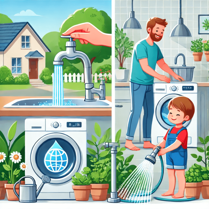 A family practicing water conservation at home, turning off the faucet while soaping hands, using a washing machine with a full load, and watering a garden with a drip irrigation system.