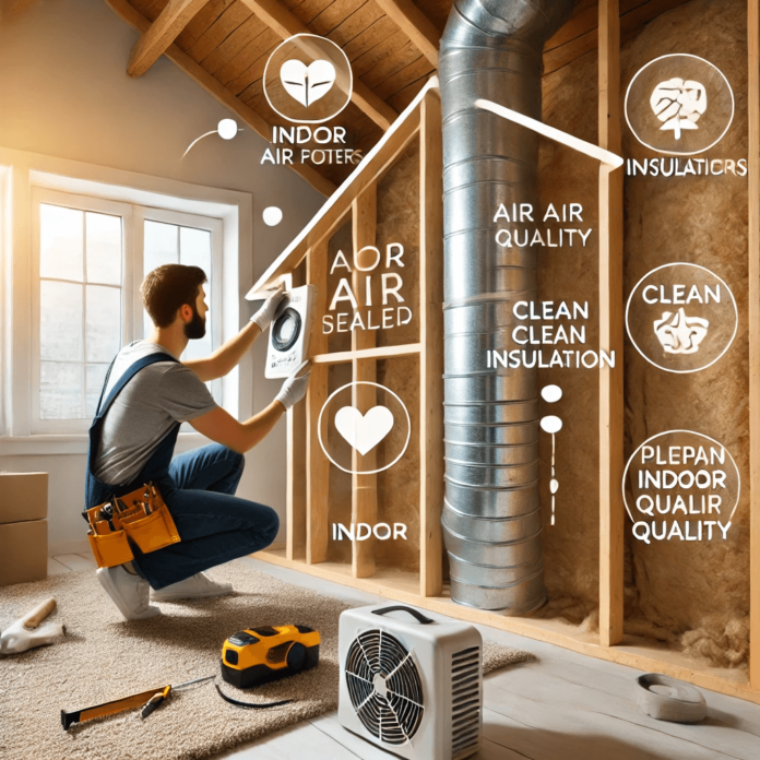 A homeowner inspecting air vents and insulation in a well-sealed home, highlighting air purifiers, clean ductwork, and proper ventilation for better indoor air quality.