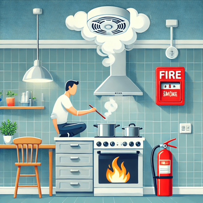 A kitchen scene emphasizing fire safety, featuring a person cooking with a pot on the stove, a fire extinguisher mounted nearby, a smoke alarm on the ceiling, and a clutter-free workspace.