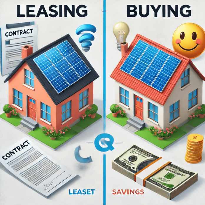 Split-view of two homes with solar panels—one labeled 'Leasing' with a contract document, and the other labeled 'Buying' with savings and a happy homeowner