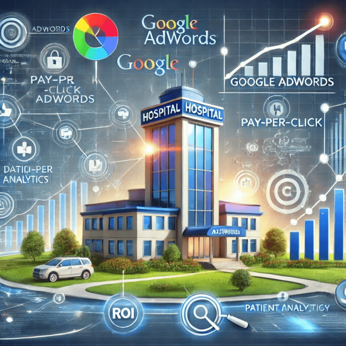 Illustration of a hospital digital marketing campaign using Google AdWords with analytics charts and patient engagement tools