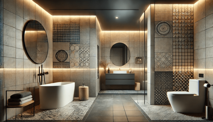 Modern bathroom featuring large-format porcelain tiles with a matte finish, patterned mosaic shower floor tiles, and a textured accent wall for a stylish remodel.