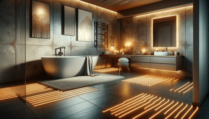 Beautiful modern bathroom featuring heated floors, large-format tiles, a freestanding bathtub, glass-enclosed shower, and sleek vanity with bright ambient lighting.