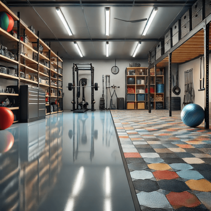 A modern garage with polished epoxy flooring, colorful interlocking tiles, and rubber workout flooring