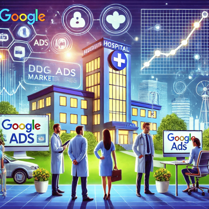 Illustration showcasing modern healthcare marketing with a hospital, digital ads, and analytics tools