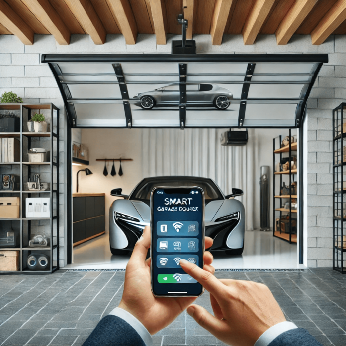 Modern garage with a partially open smart garage door, homeowner using a smartphone app for remote control, and clean, organized interior shelves