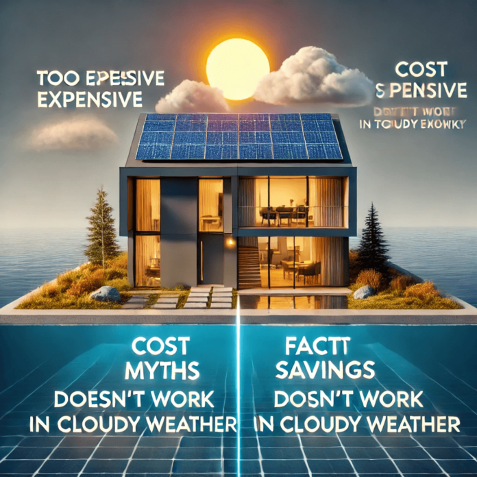 A self-sufficient home in a rural setting with solar panels on the roof and a battery storage unit, symbolizing energy independence with no visible power lines.