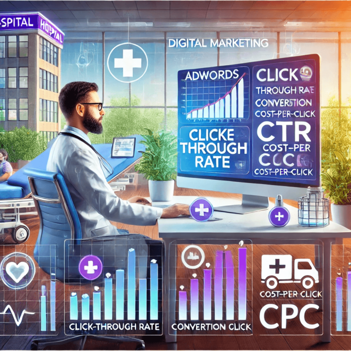 Illustration showcasing hospital digital marketing strategy with AdWords metrics, featuring charts, a medical professional, and campaign analytics in a modern healthcare environment.