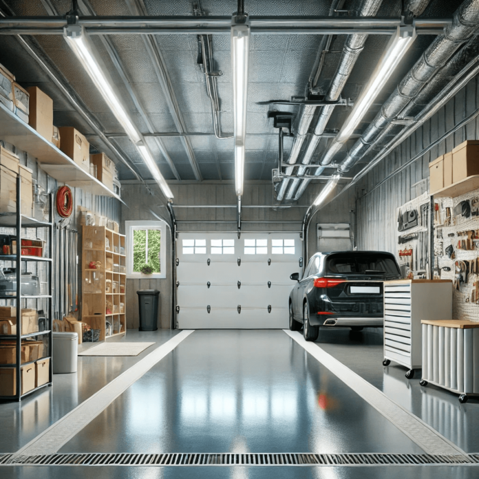 Neat and clean garage featuring storage shelves, epoxy floor, functional garage door, and bright lighting for a well-maintained space