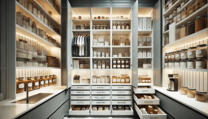 Modern pantry with built-in cabinets featuring labeled shelves, pull-out drawers, and vertical dividers for neatly organized jars, dry goods, and kitchen essentials.