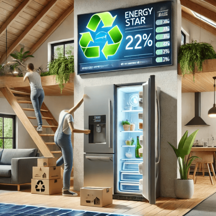 A modern home where an old refrigerator is being recycled and replaced with an ENERGY STAR-certified fridge. A digital display highlights energy savings and environmental benefits.