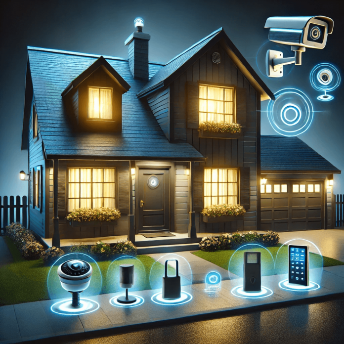 A well-lit family home at night featuring smart security systems, including CCTV cameras, motion sensor lights, and a smart door lock, emphasizing safety and protection.