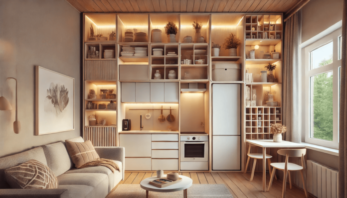 Compact kitchen and living space featuring vertical storage cabinets, floating shelves, under-counter drawers, and hidden compartments for smart and space-saving solutions in tiny homes.