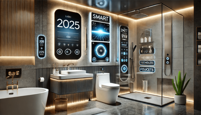 Modern smart bathroom featuring 2025 technology gadgets, including a smart mirror with built-in lighting, voice-controlled shower, smart toilet, and touchless faucets.