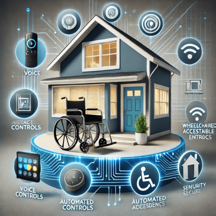 A smart home designed for accessibility, featuring voice-activated controls, and a smart security system for enhanced independence.