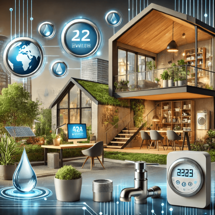 A futuristic smart home and office equipped with advanced water-saving technologies, including automated water sensors, and a rooftop rainwater collection system.